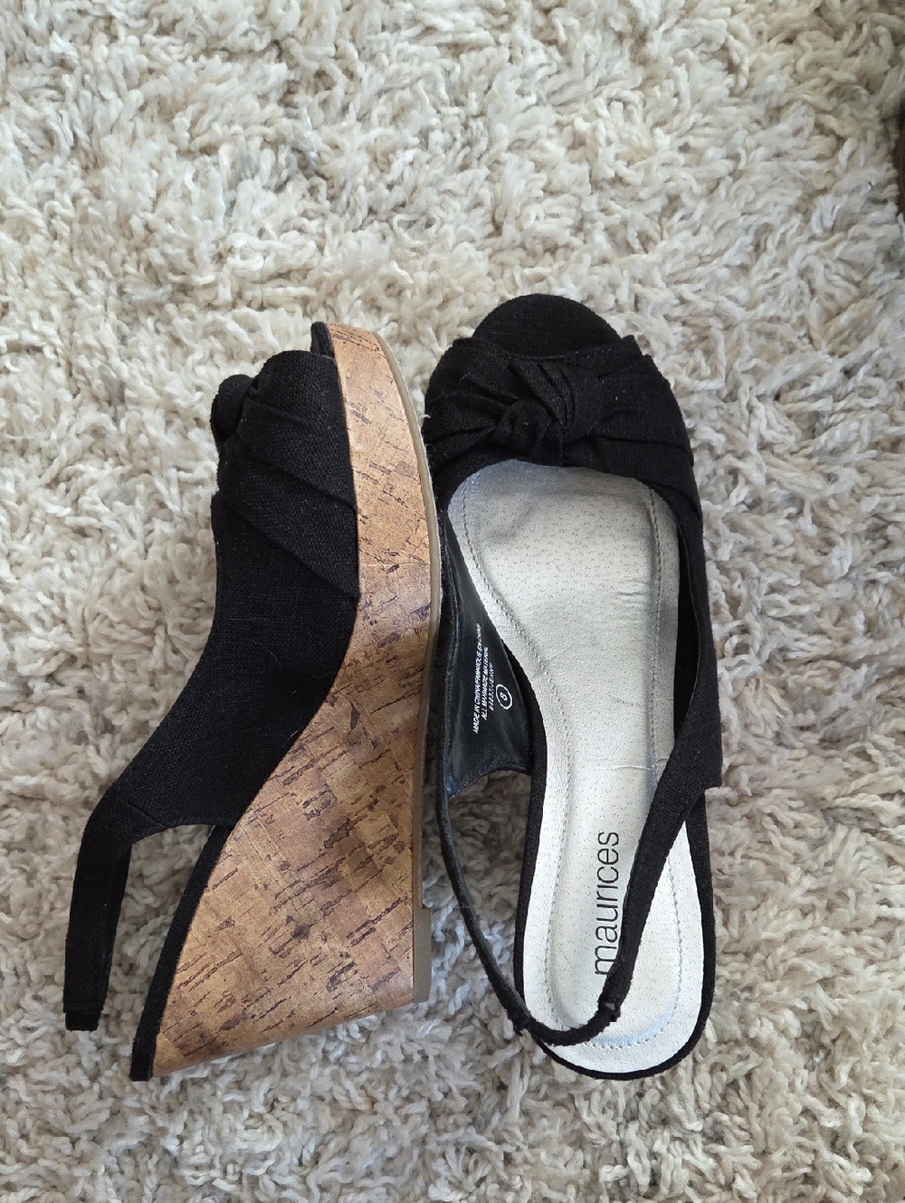 Maurices Black Knotted Peep-Toe Cork Wedge Slingbacks